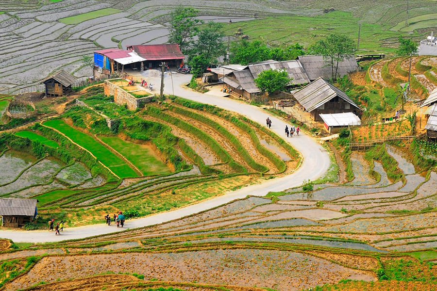 Tourists trekking from Ma Tra to Ta Phin in Sapa