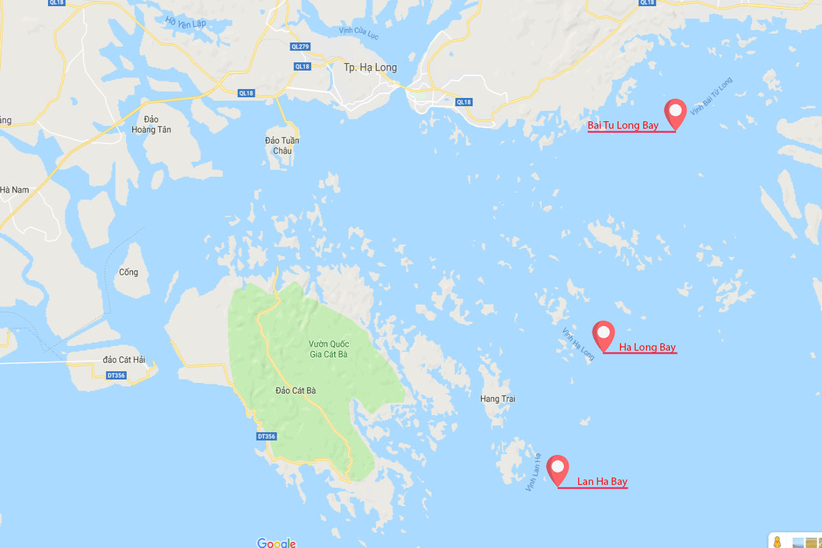 Ha Long Bay, Lan Ha Bay and Bai Tu Long Bay on Map